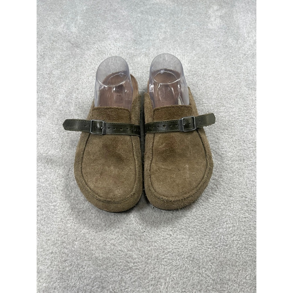 Birkenstock London Green Suede Clogs Olive Green Buckle Strap Shoes Womens 37 L6